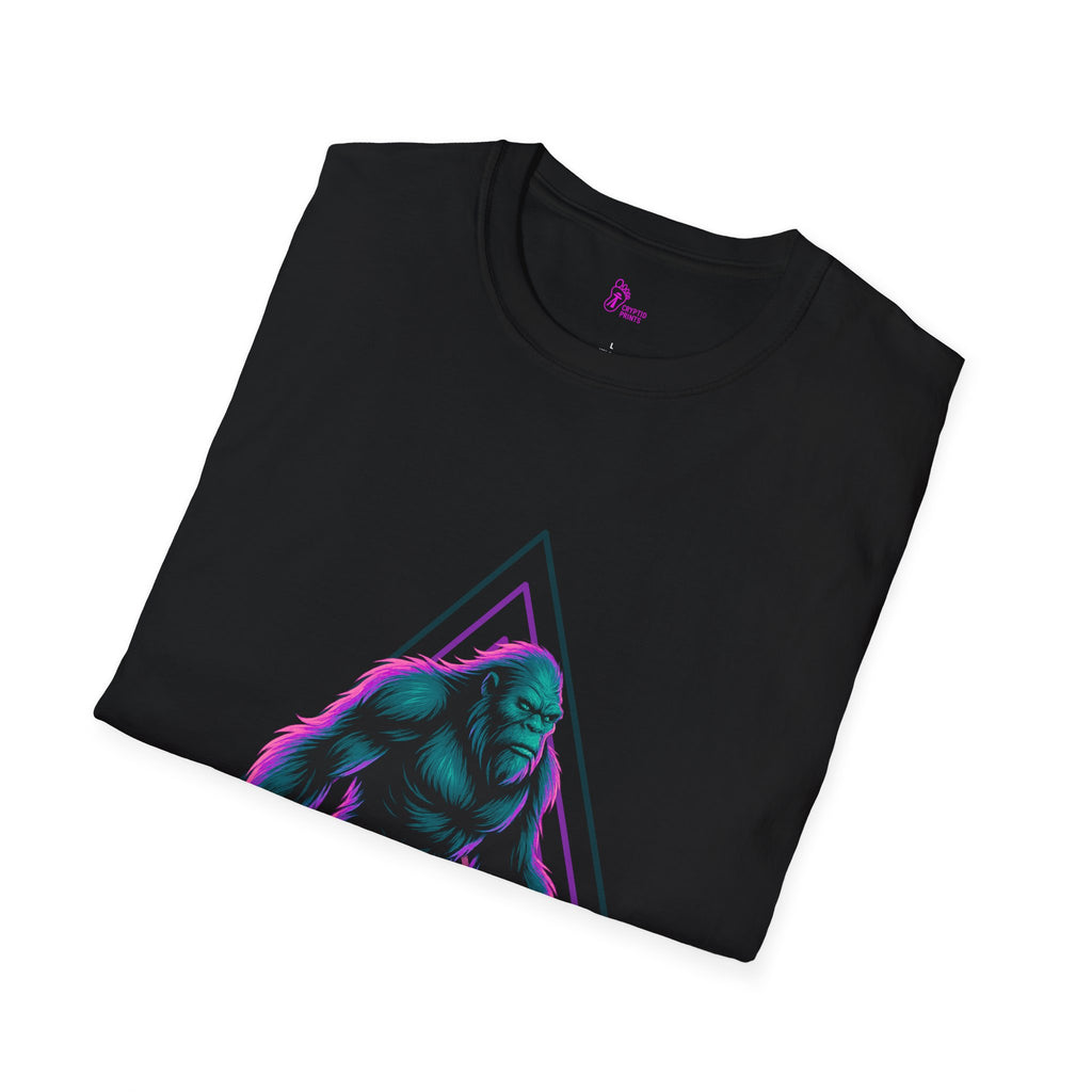 Neon Bigfoot Triangle T-Shirt - Synthwave Cryptid Graphic Tee