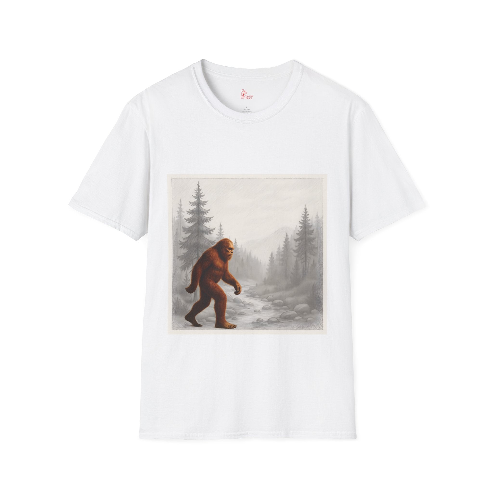 Red Bigfoot in Wilderness T-Shirt - Pencil Forest Scene Sasquatch Overlay