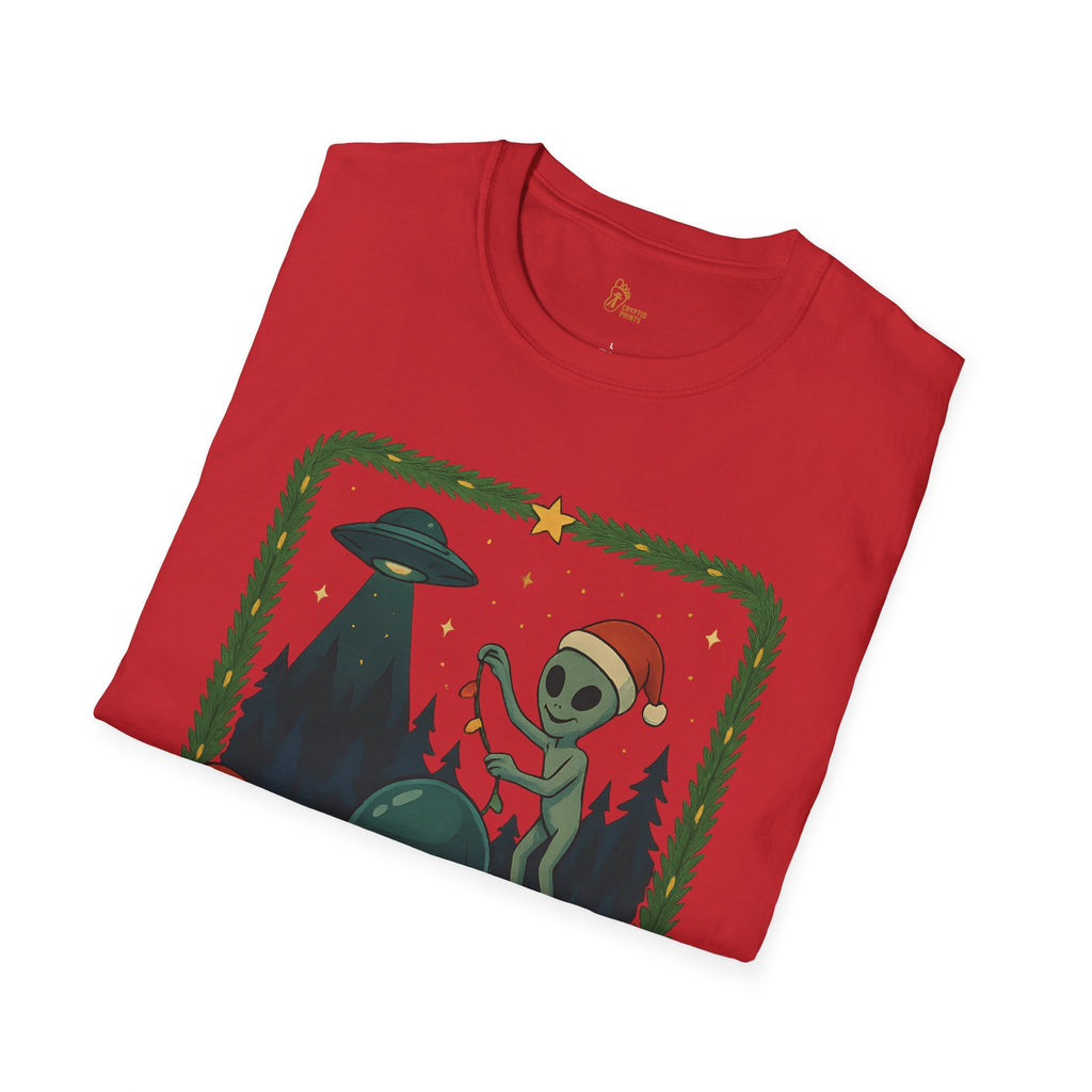 Alien Christmas Lights T-Shirt - Green UFO Holiday Design