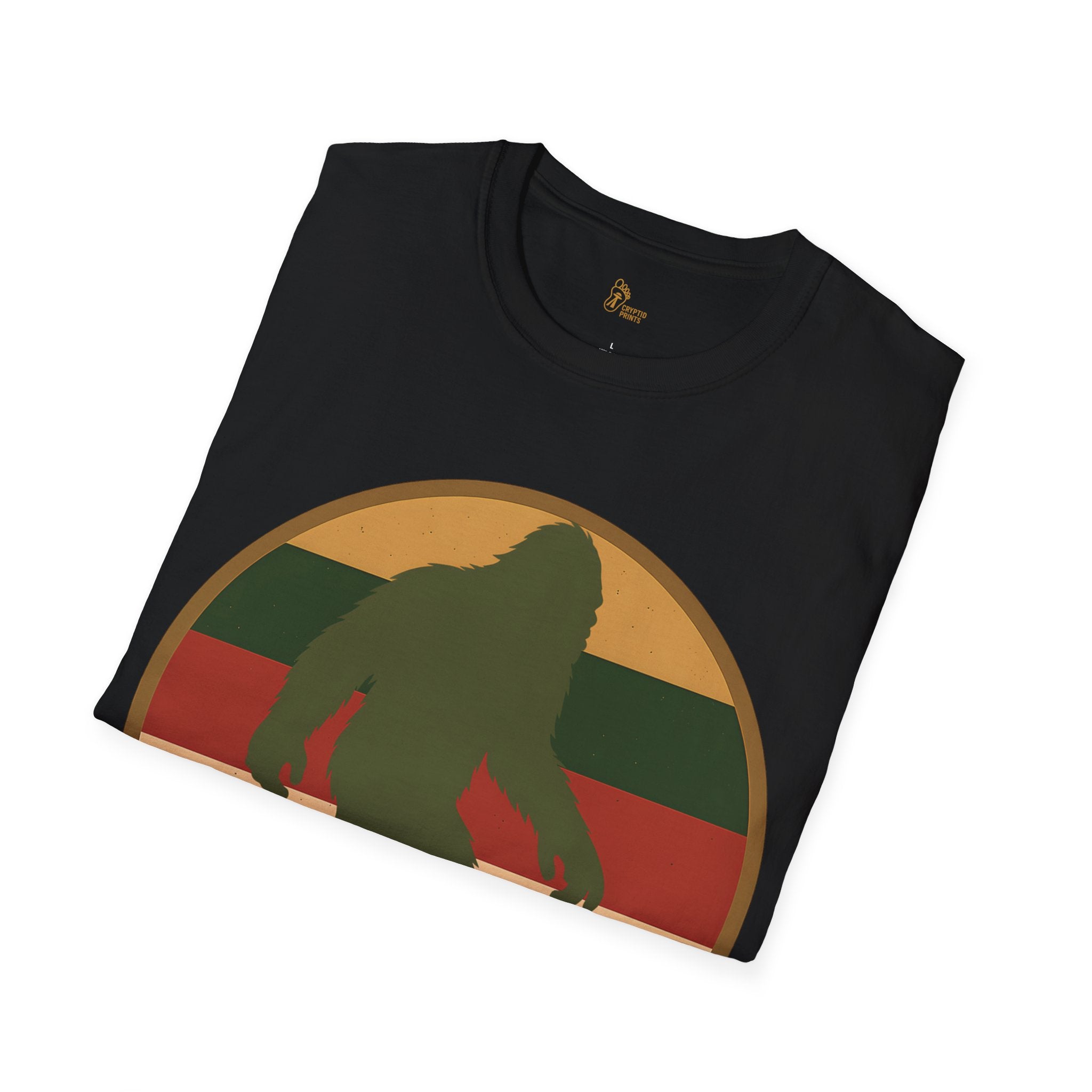 Bigfoot Retro Forest Badge T-Shirt - Vintage Stripe Design