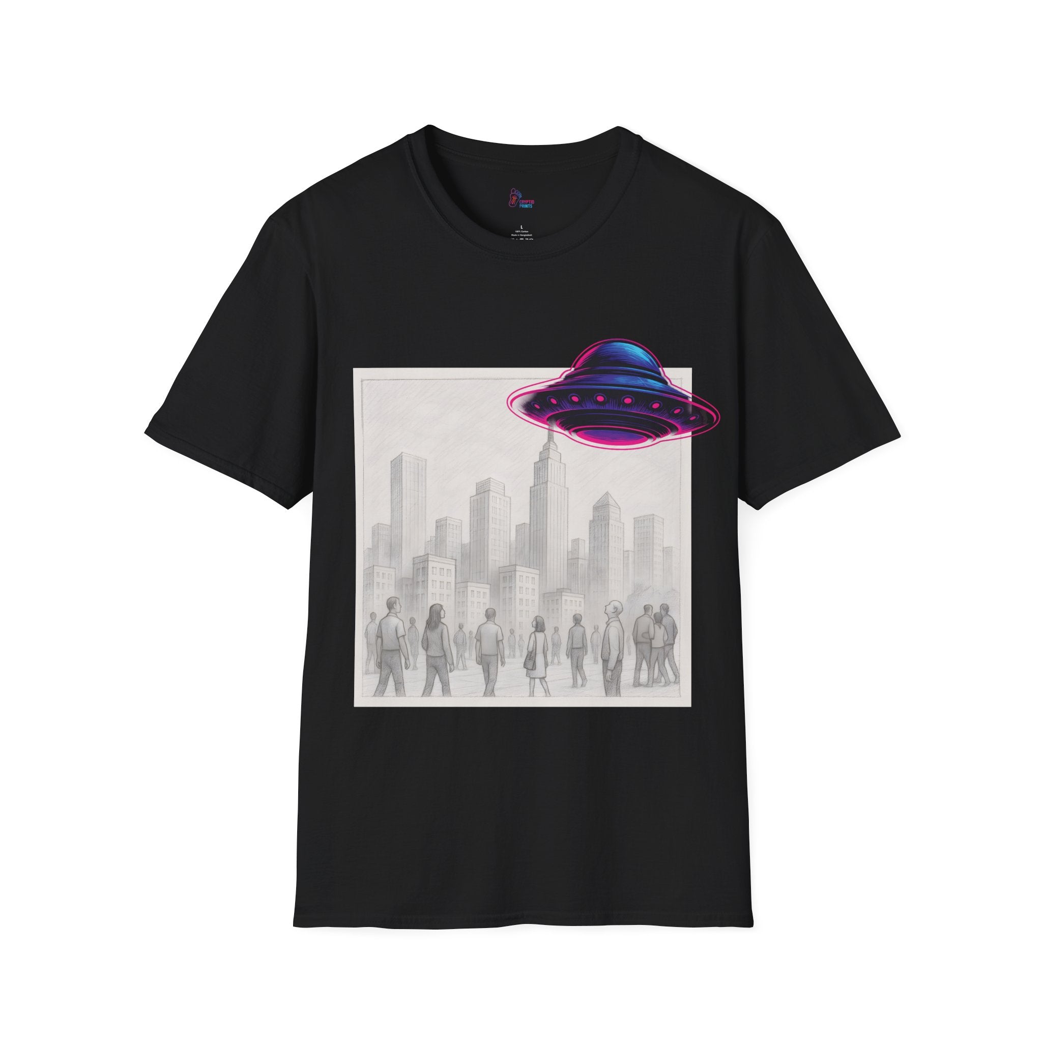Neon UFO Over Cityscape T-Shirt - Pencil City Scene Saucer Overlay