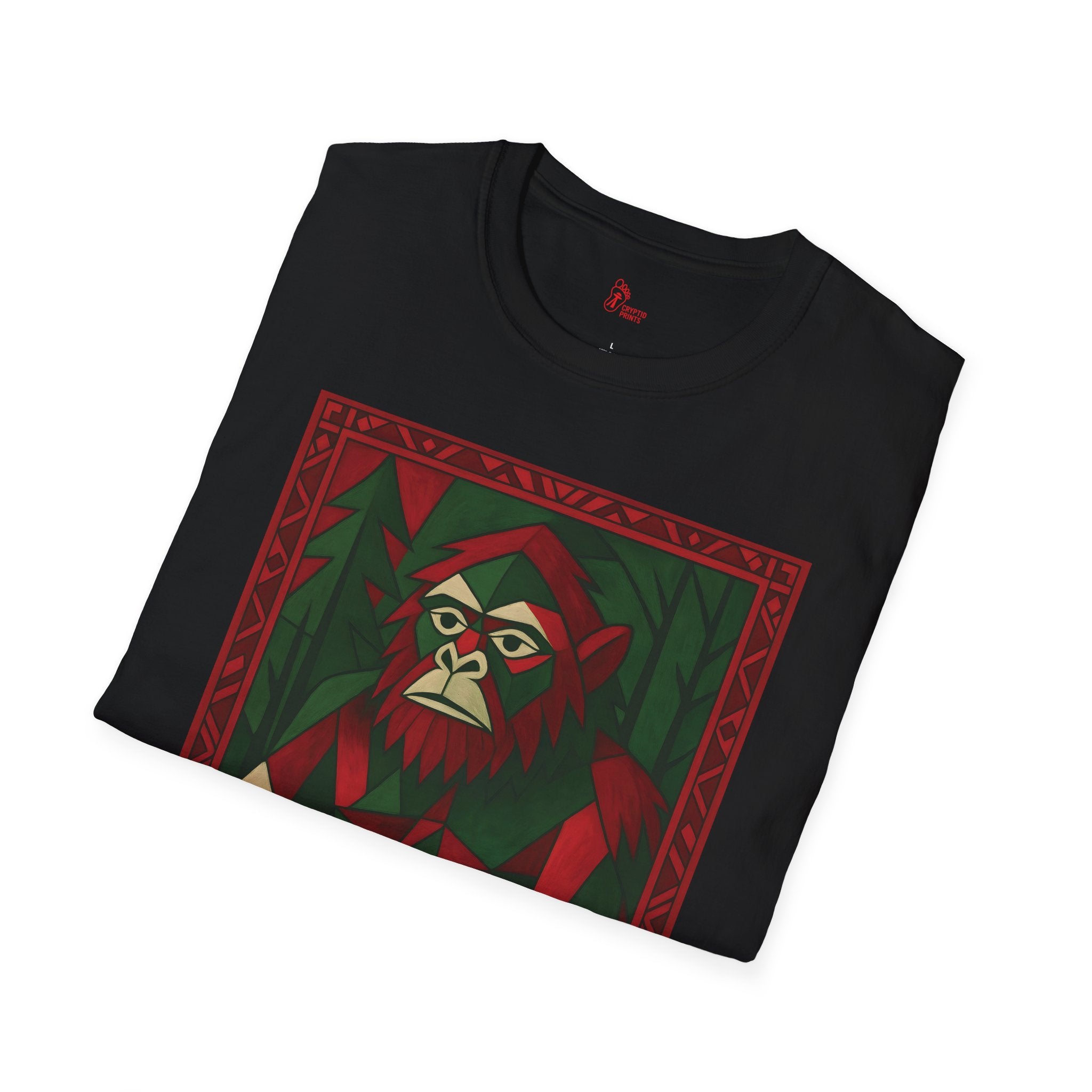 Geometric Bigfoot Holiday T-Shirt - Red & Green Forest Design