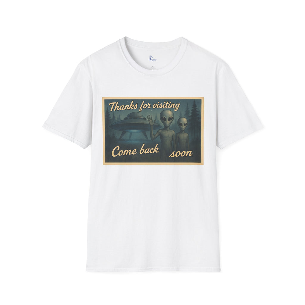 Thanks for Visiting Alien T-Shirt - Retro Postcard UFO Design