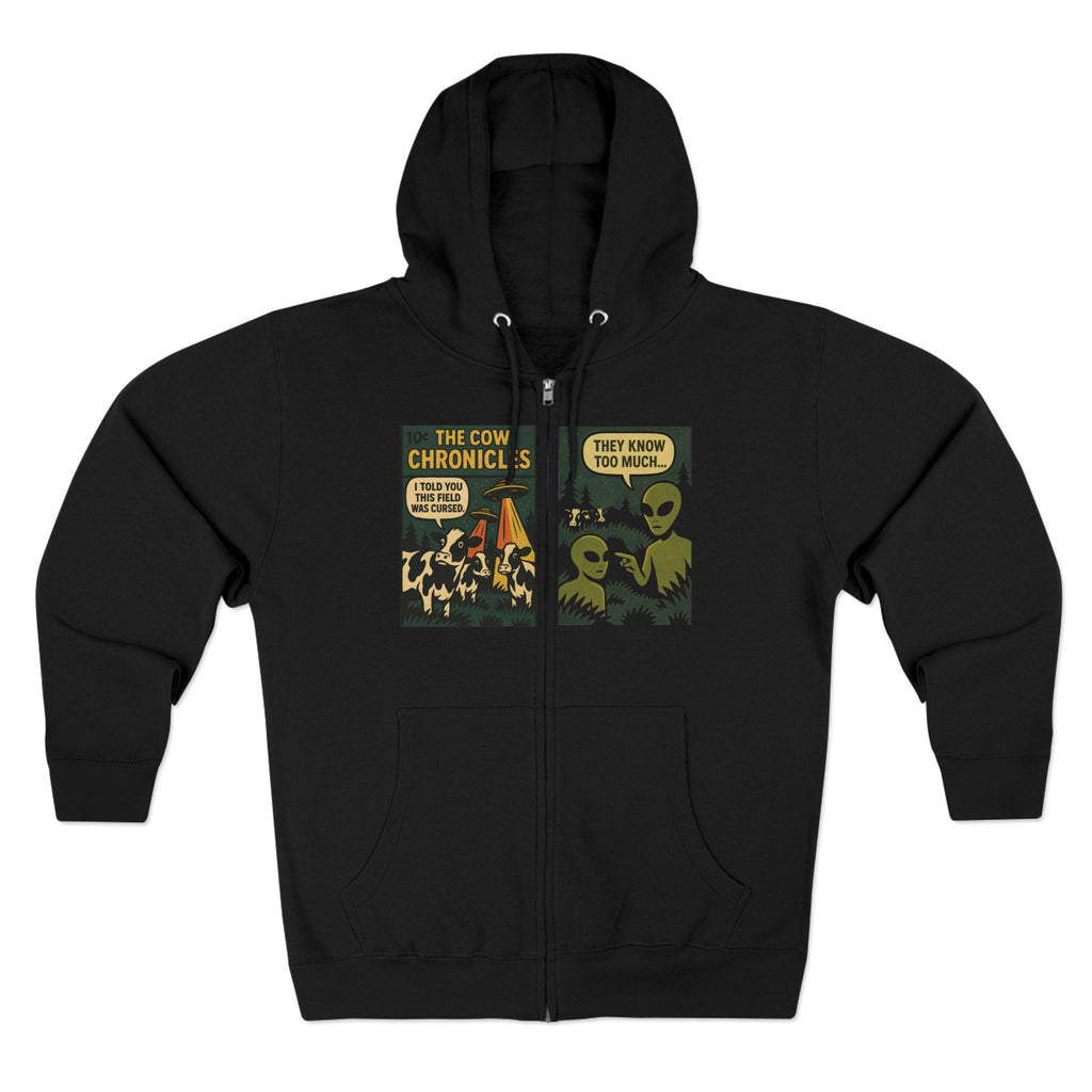 Retro Cow Abduction Zip Hoodie - Vintage UFO Comic-Style Cryptid Design