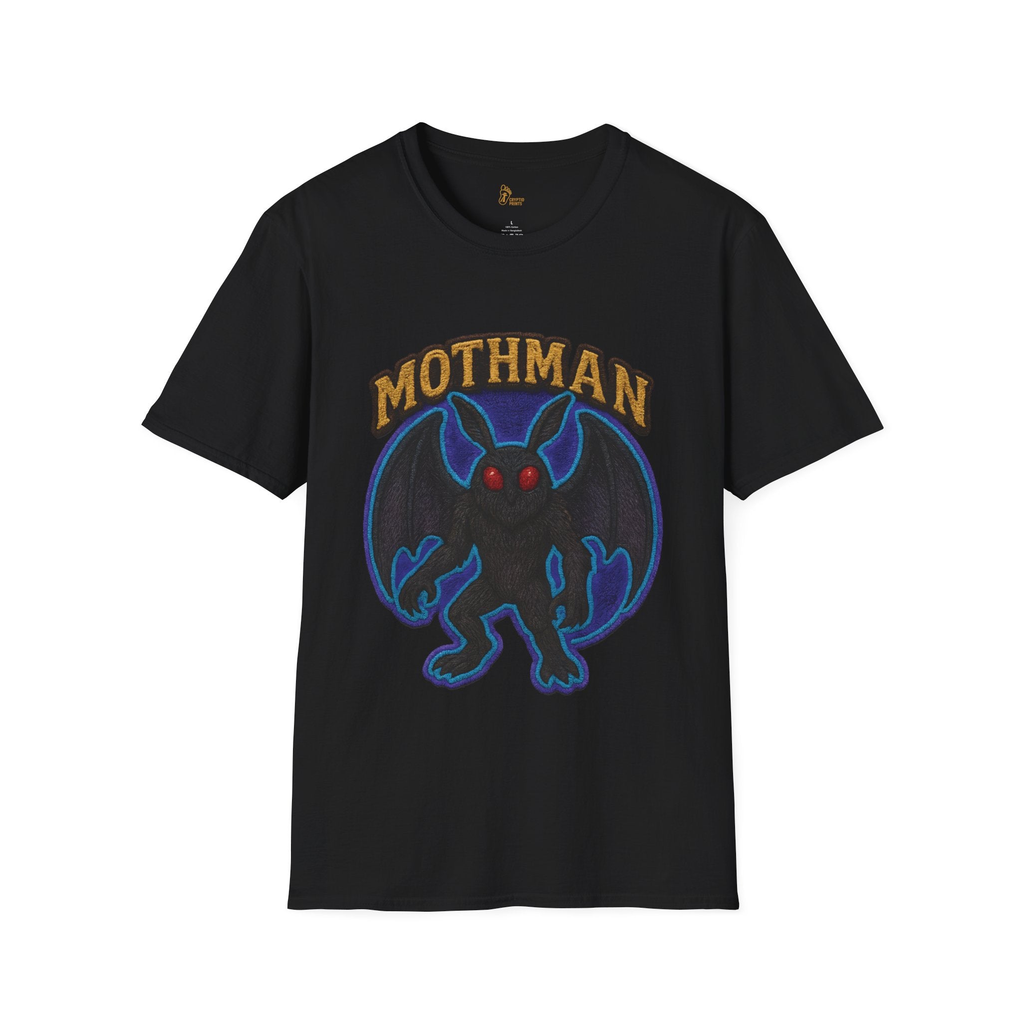 Embroidered-Style Mothman T-Shirt - Electric Blue & Purple Aura Wings