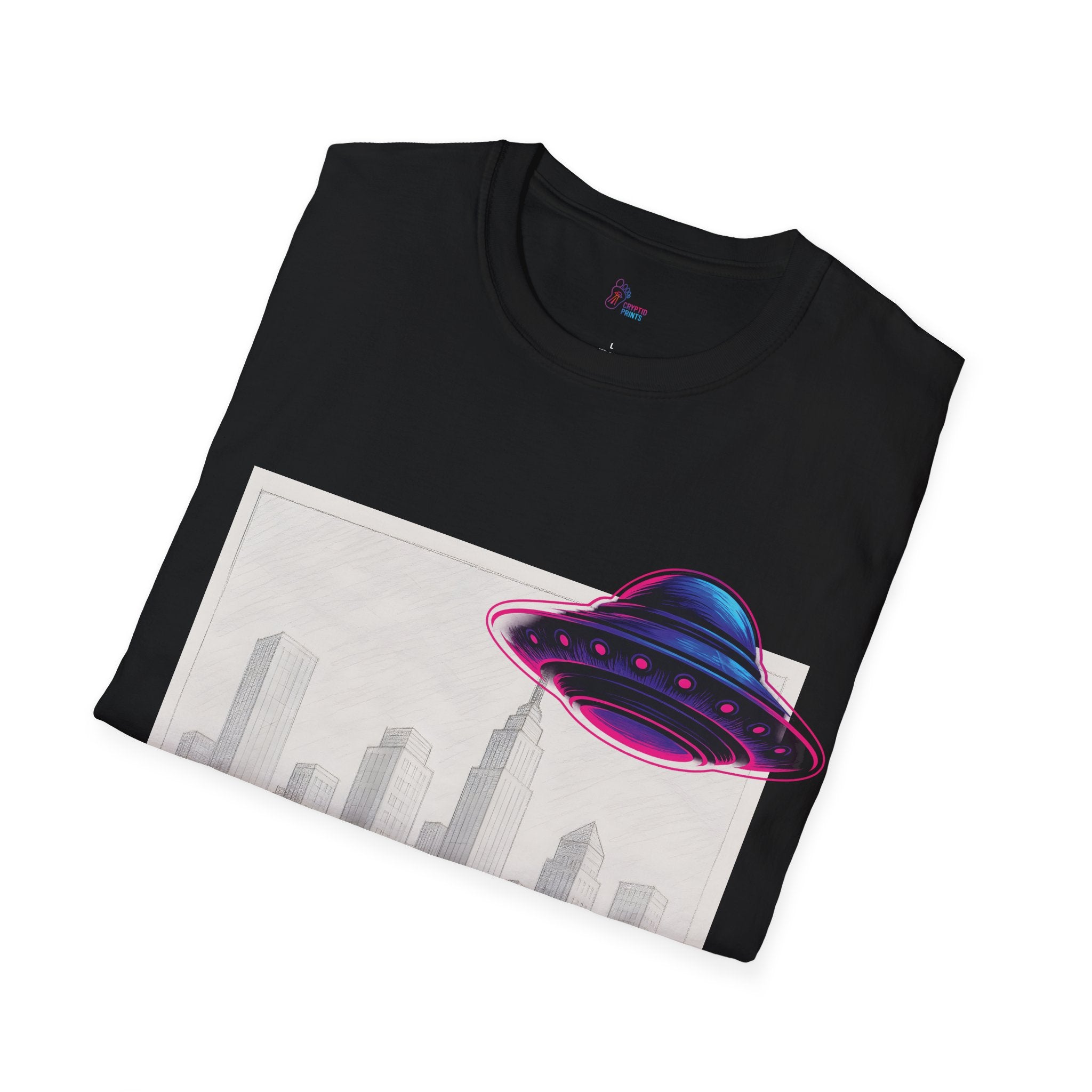 Neon UFO Over Cityscape T-Shirt - Pencil City Scene Saucer Overlay