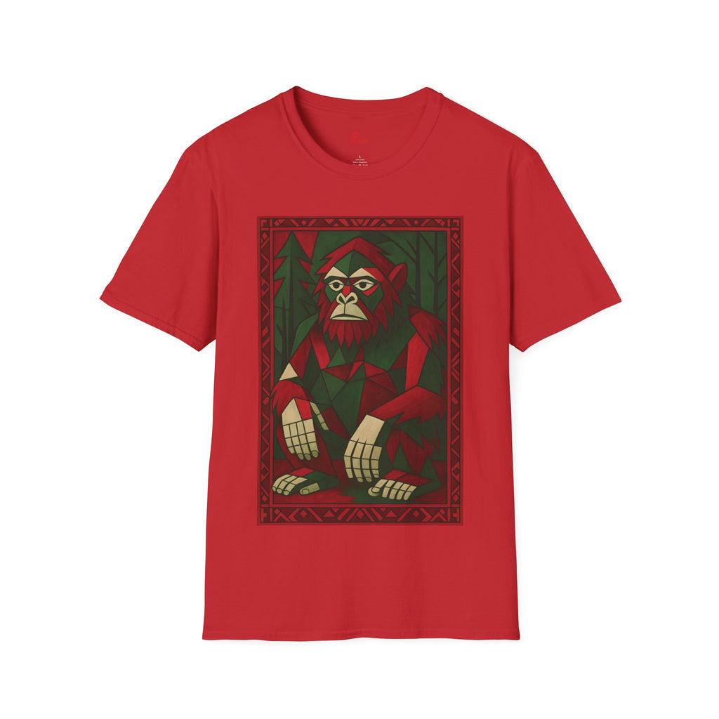 Geometric Bigfoot Holiday T-Shirt - Red & Green Forest Design
