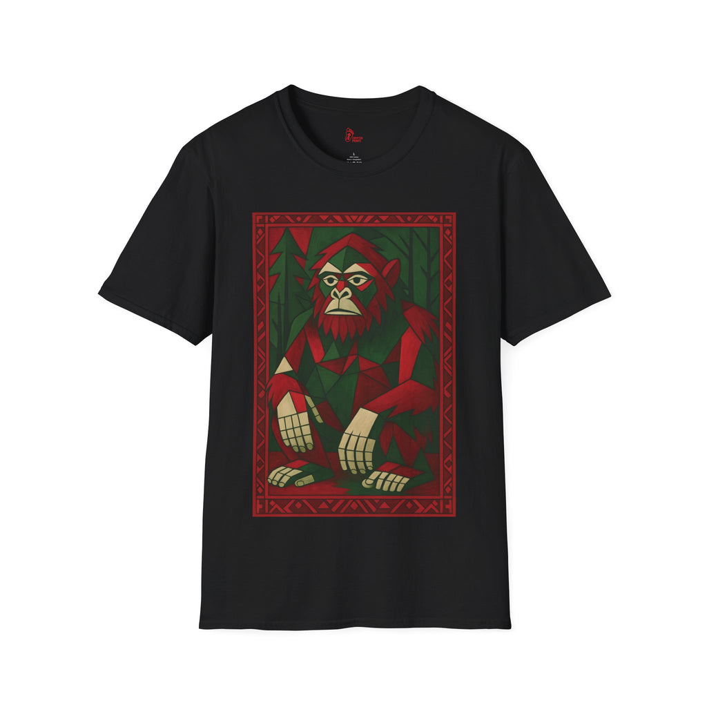 Geometric Bigfoot Holiday T-Shirt - Red & Green Forest Design