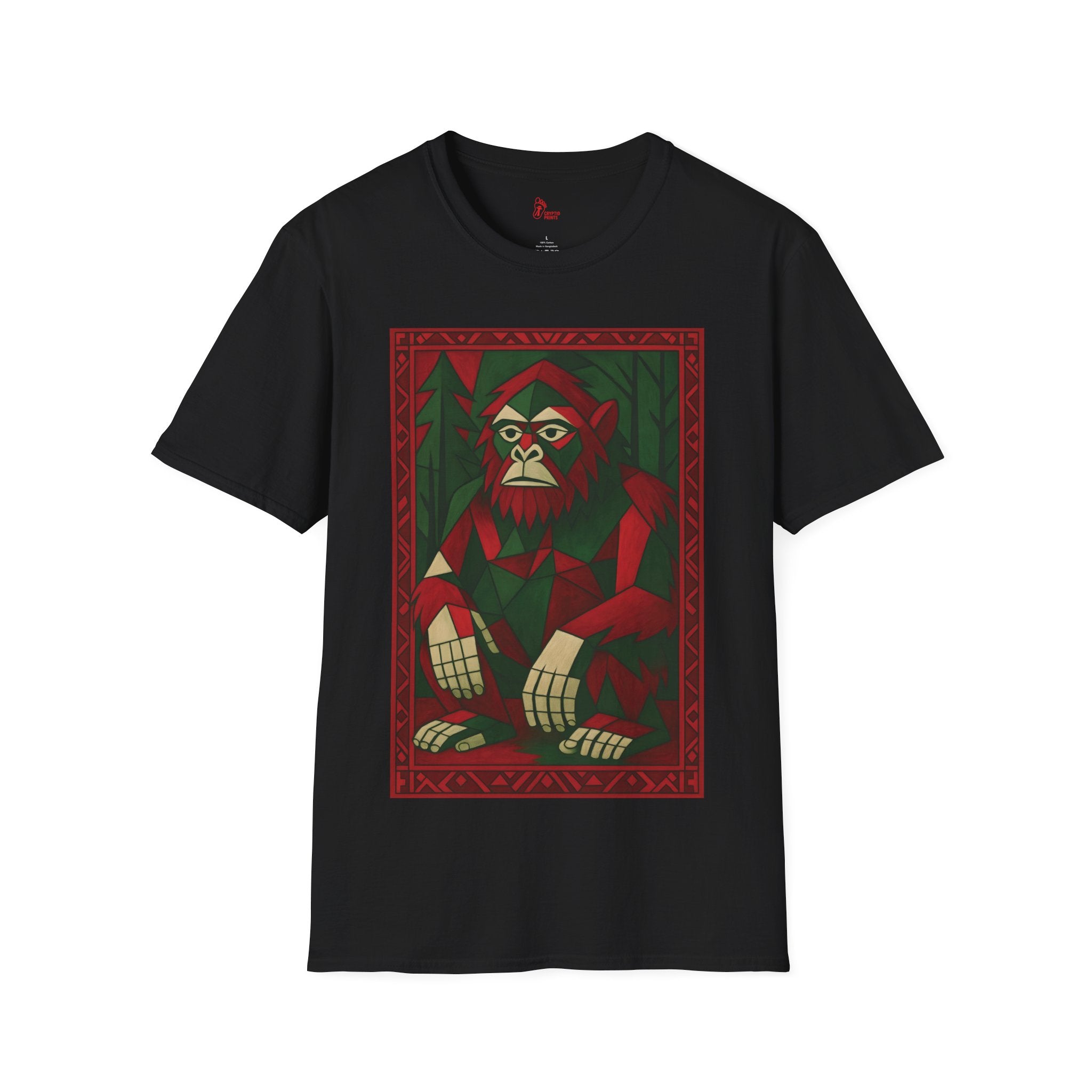 Geometric Bigfoot Holiday T-Shirt - Red & Green Forest Design
