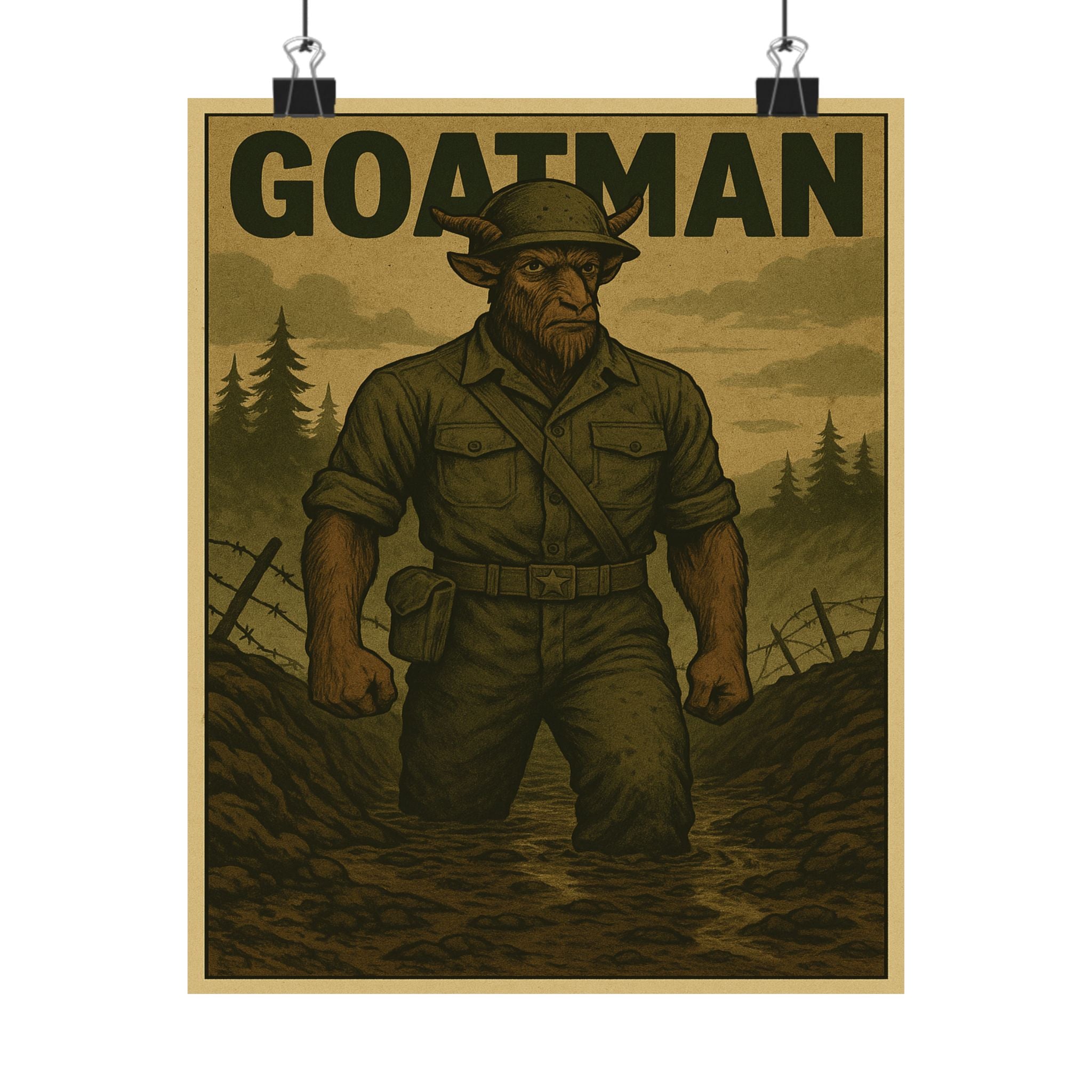 Goatman Soldier Poster - Cryptid Warrior in Battle Trenches