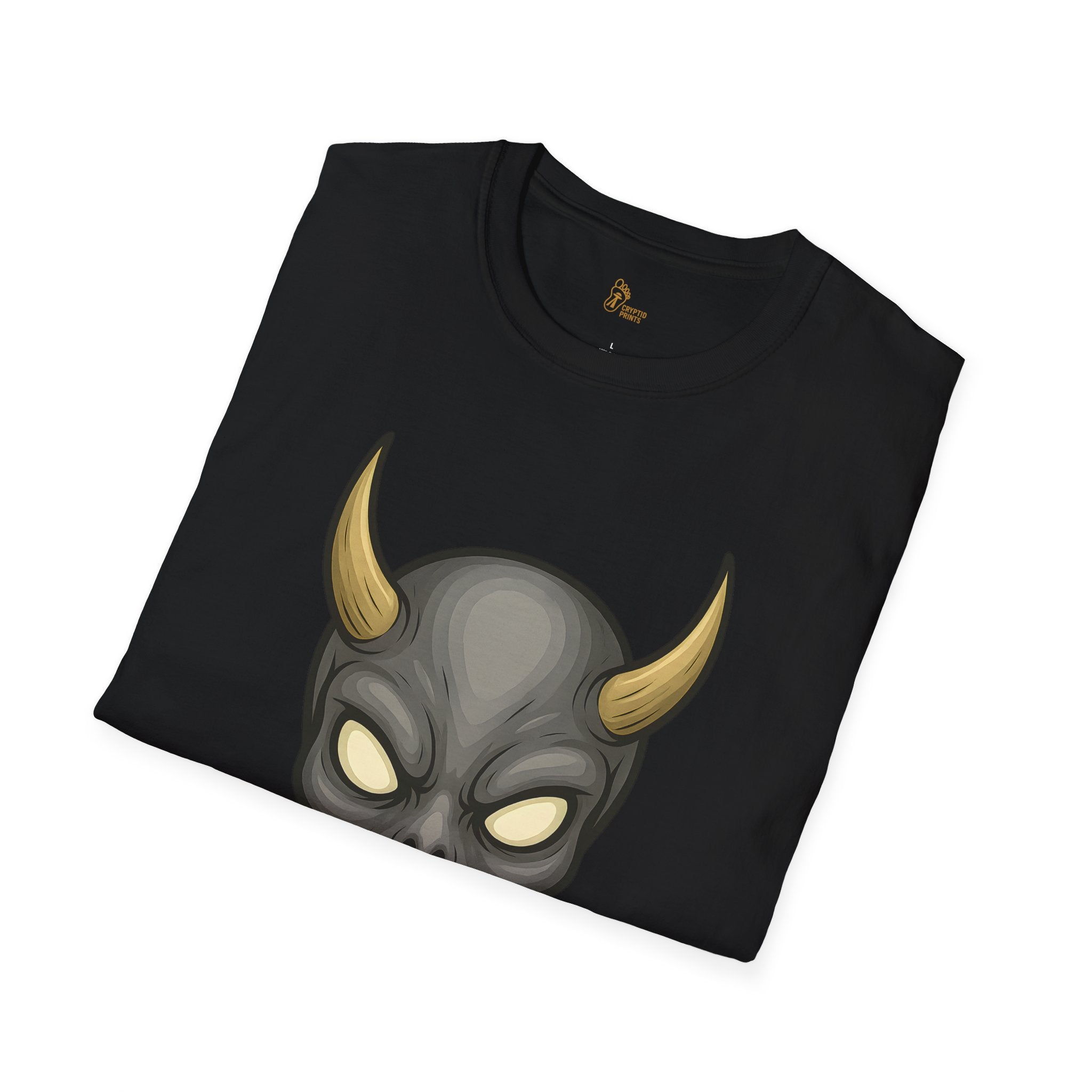 Grey Alien Oni Mask T-Shirt - Crimson Demon Face in Bold Detail