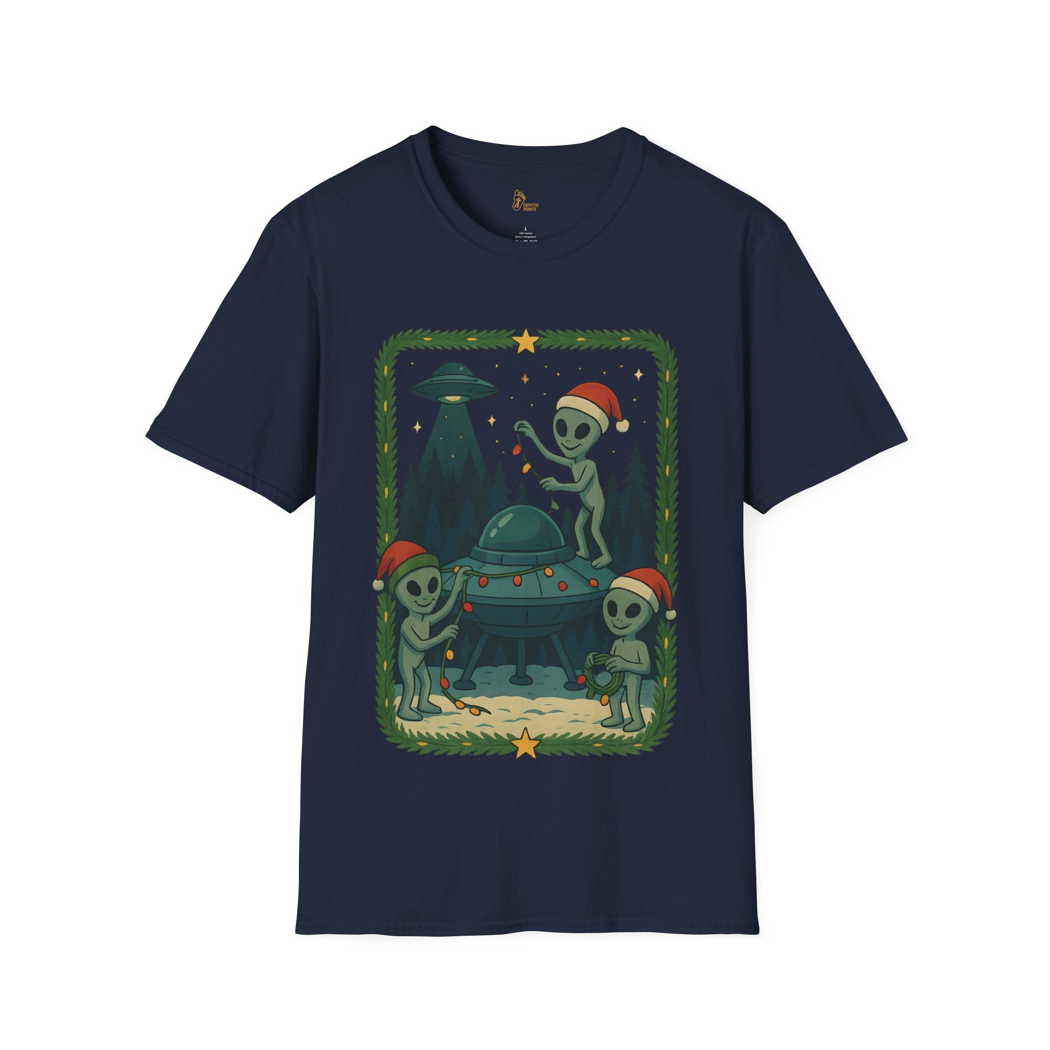 Alien Christmas Lights T-Shirt - Green UFO Holiday Design