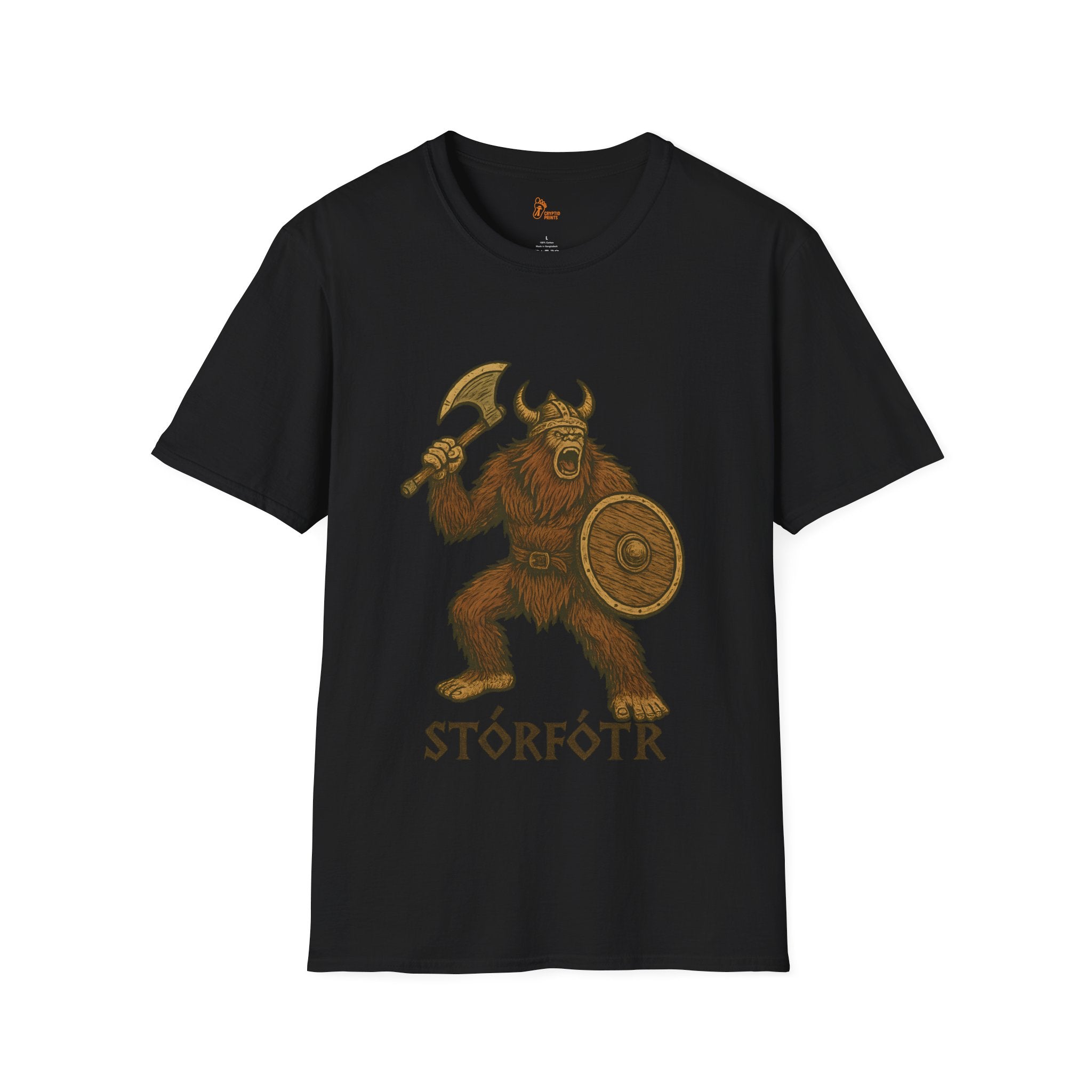 Viking Bigfoot T-Shirt - “STÓRFÓTR” Norse Warrior Cryptid Design