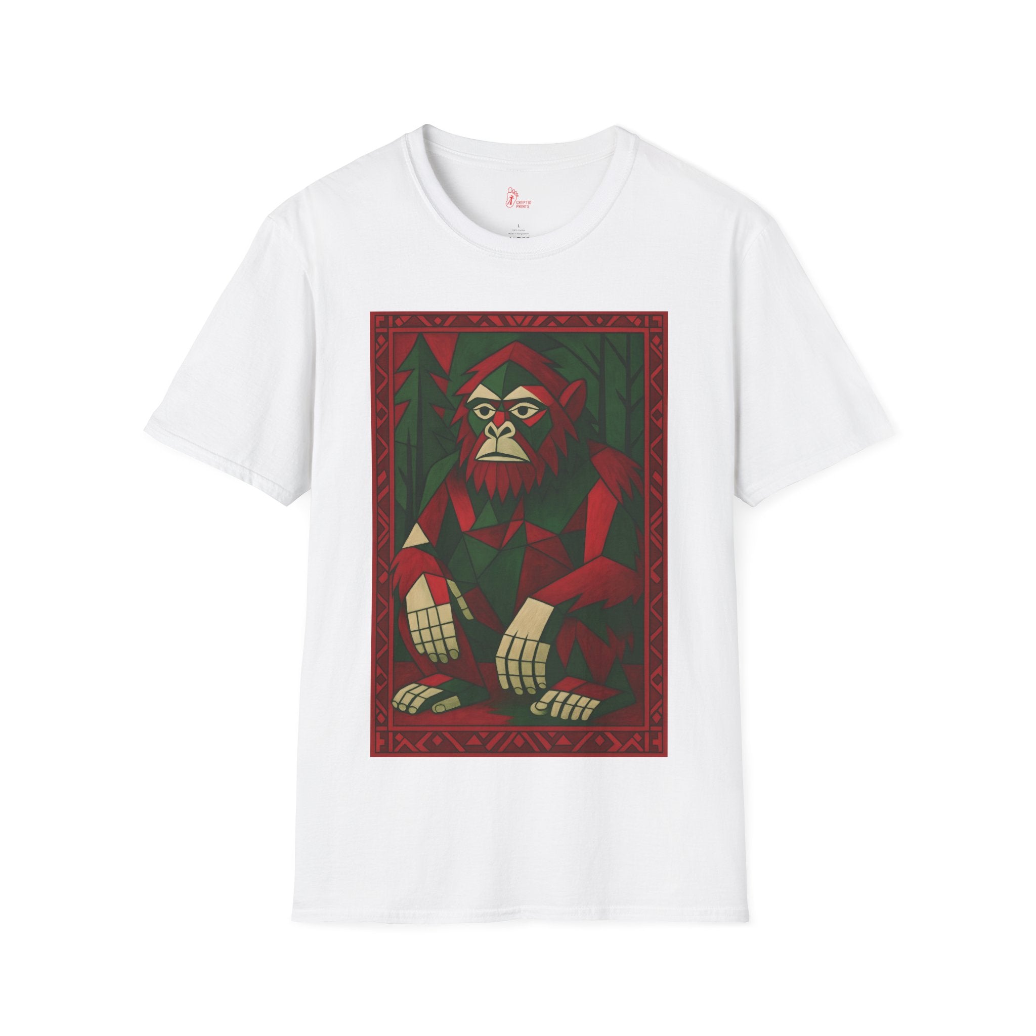 Geometric Bigfoot Holiday T-Shirt - Red & Green Forest Design