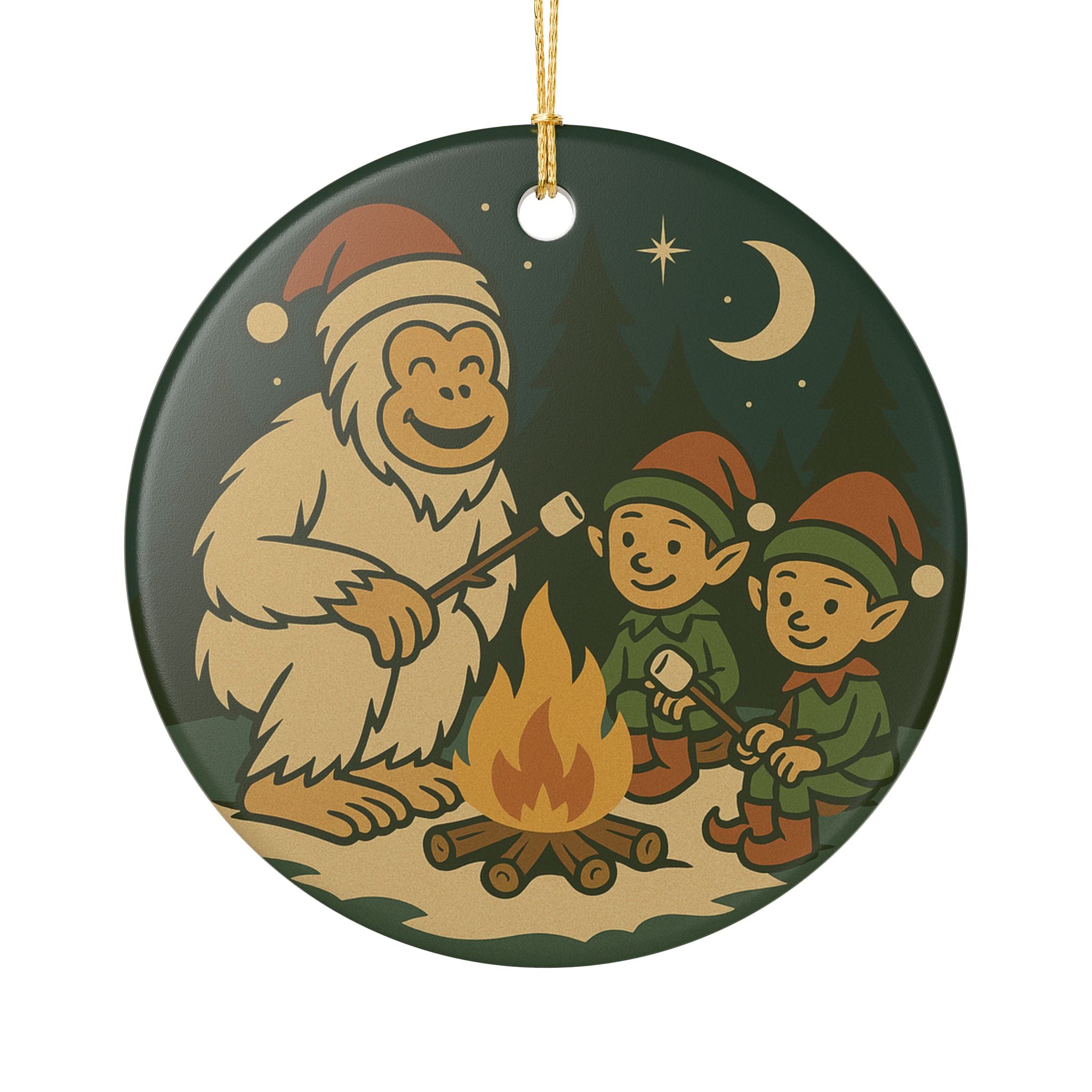 Yeti & Elves Campfire Ornament - Ceramic Holiday Decoration (1pc)