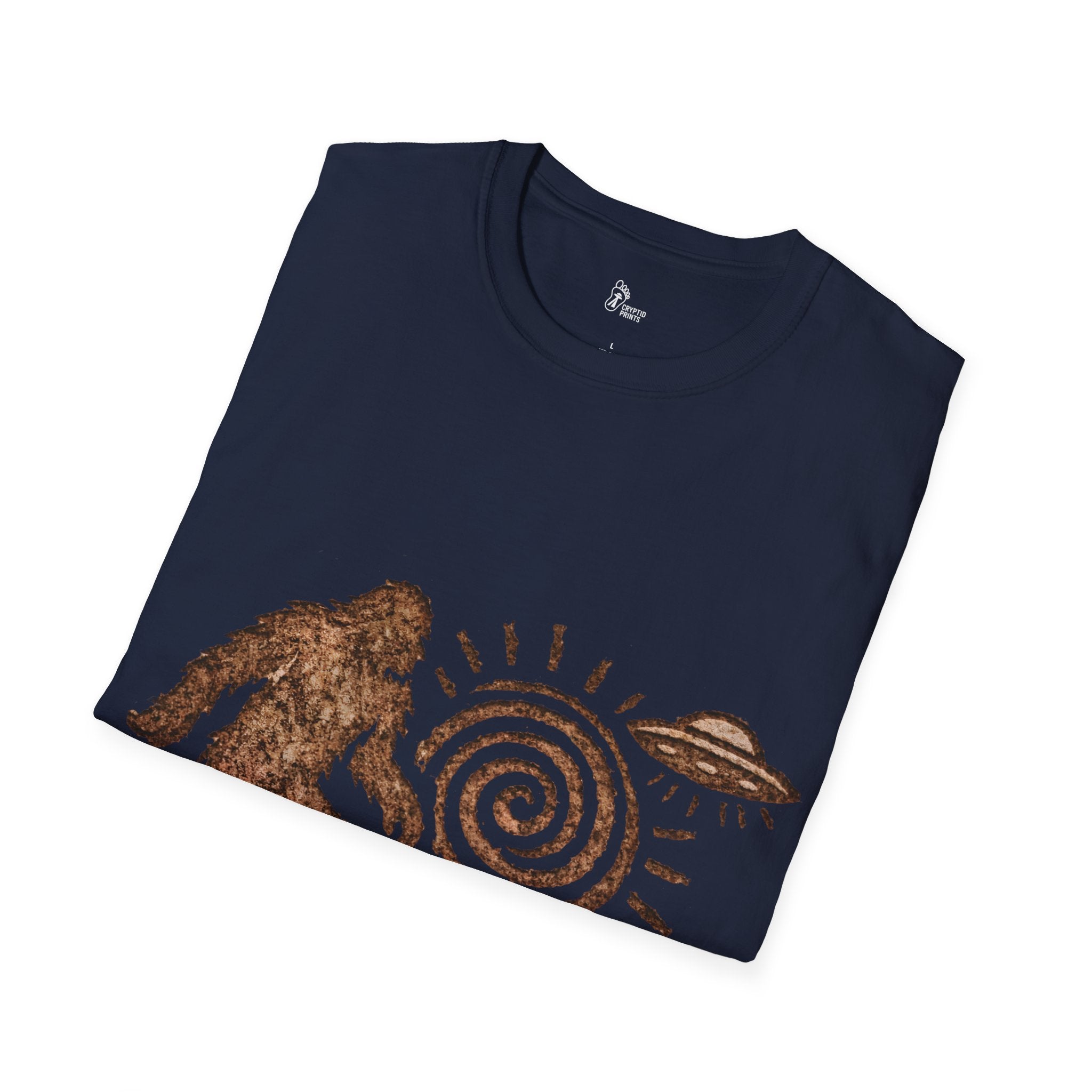 Bigfoot Petroglyph T-Shirt - Ancient Spiral UFO Symbol