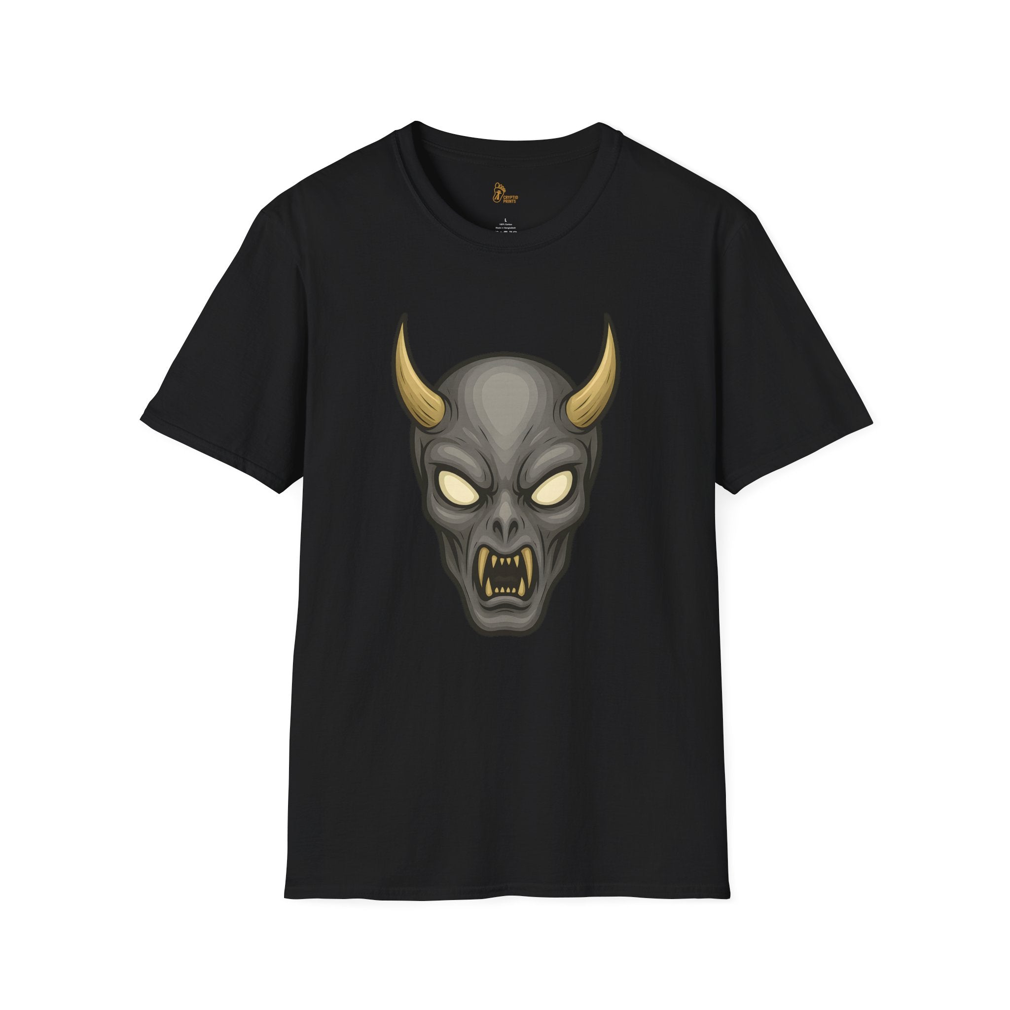 Grey Alien Oni Mask T-Shirt - Crimson Demon Face in Bold Detail