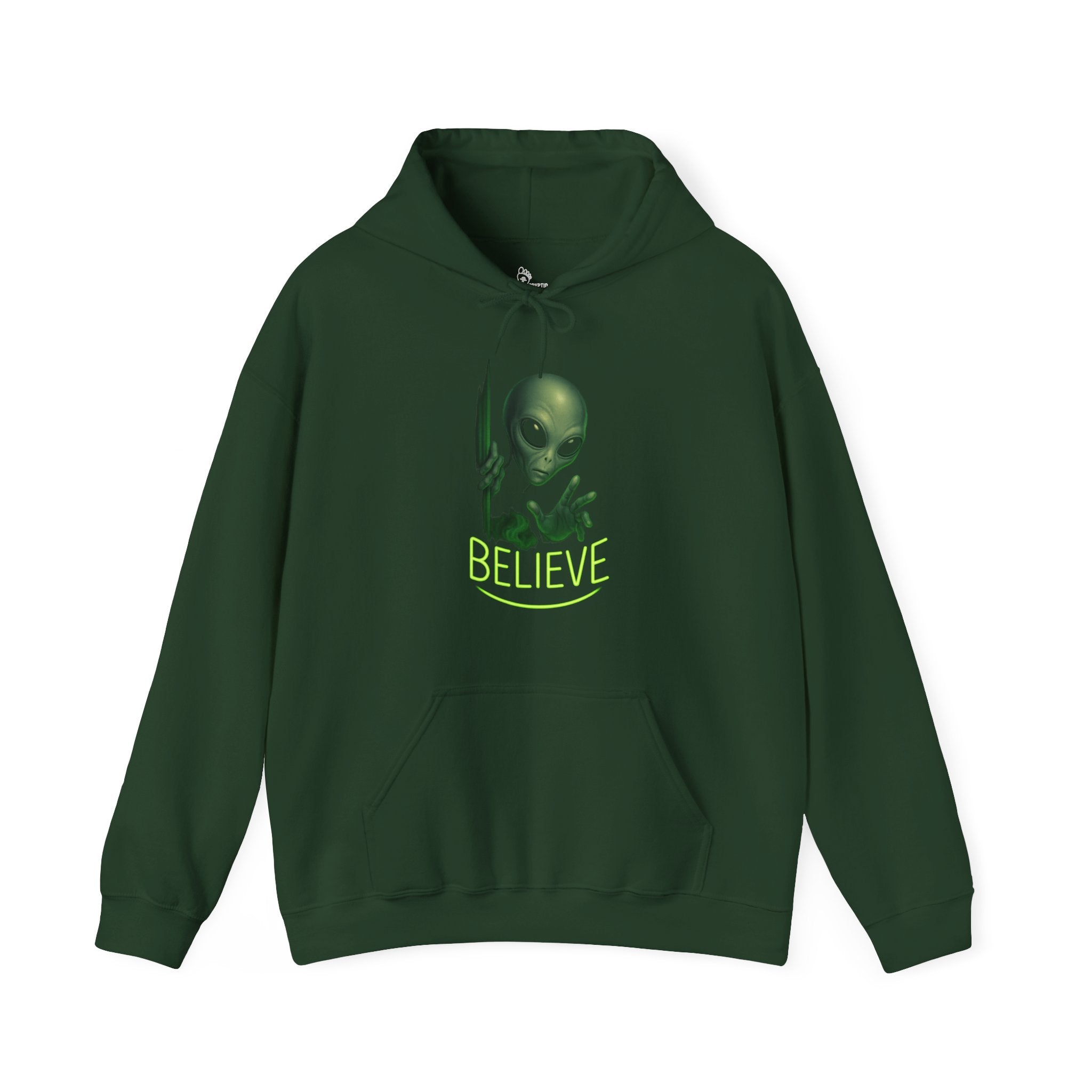 Alien "BELIEVE" Hoodie - Neon Green Extraterrestrial Design